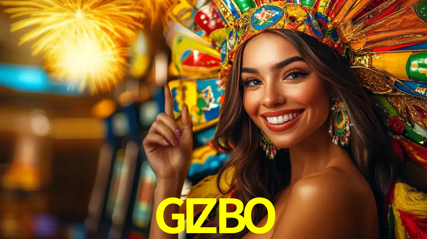 Mulher sorridente com um cocar de carnaval vibrante e colorido, celebrando uma grande vitória nos jogos do cassino GIZBO com fogos de artifício ao fundo.