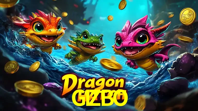 Arte promocional do jogo Dragon Hatch com três adoráveis dragões bebês nadando entre moedas de ouro, um dos slots mais divertidos para jogar no cassino GIZBO.