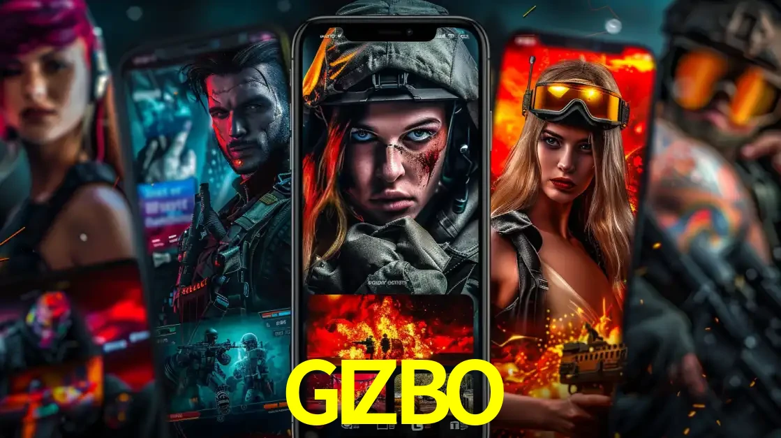 Montagem de telas de celular mostrando diversos personagens, masculinos e femininos, de um jogo de tiro, ilustrando a diversidade de equipes de e-sports para apostar no GIZBO.