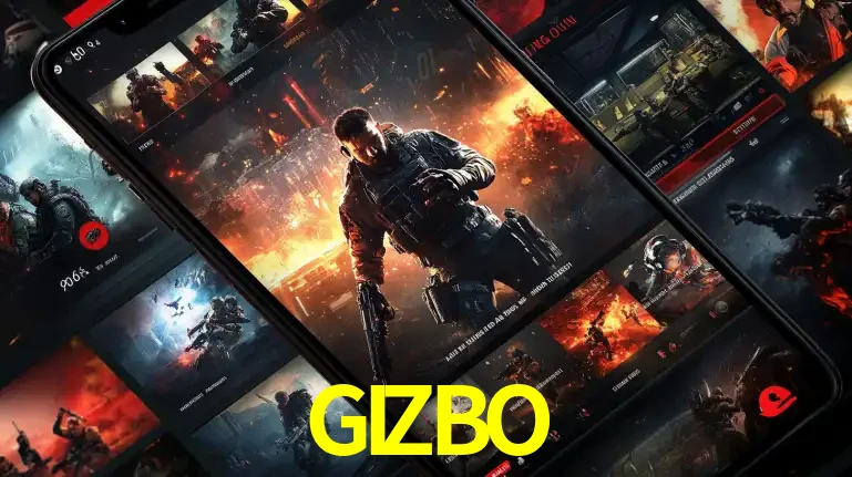 Tela de um celular exibindo uma galeria de jogos de tiro com temática militar, mostrando a variedade de e-sports disponíveis para apostas na plataforma de entretenimento GIZBO.