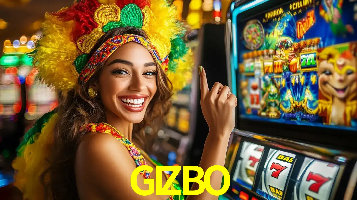 Mulher animada com um cocar de carnaval apontando para uma máquina de caça-níqueis, mostrando a emoção de ganhar um grande prêmio nos jogos do GIZBO.