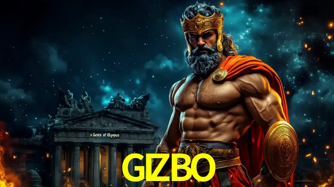 O poderoso Zeus do jogo de slot Gates of Olympus em frente ao seu templo, pronto para lançar multiplicadores divinos e prêmios épicos no cassino online GIZBO.
