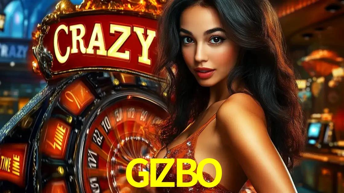 Mulher glamourosa olhando para a câmera com a roda vermelha do Crazy Time ao fundo em um ambiente de cassino, destacando a emoção dos jogos ao vivo no GIZBO.