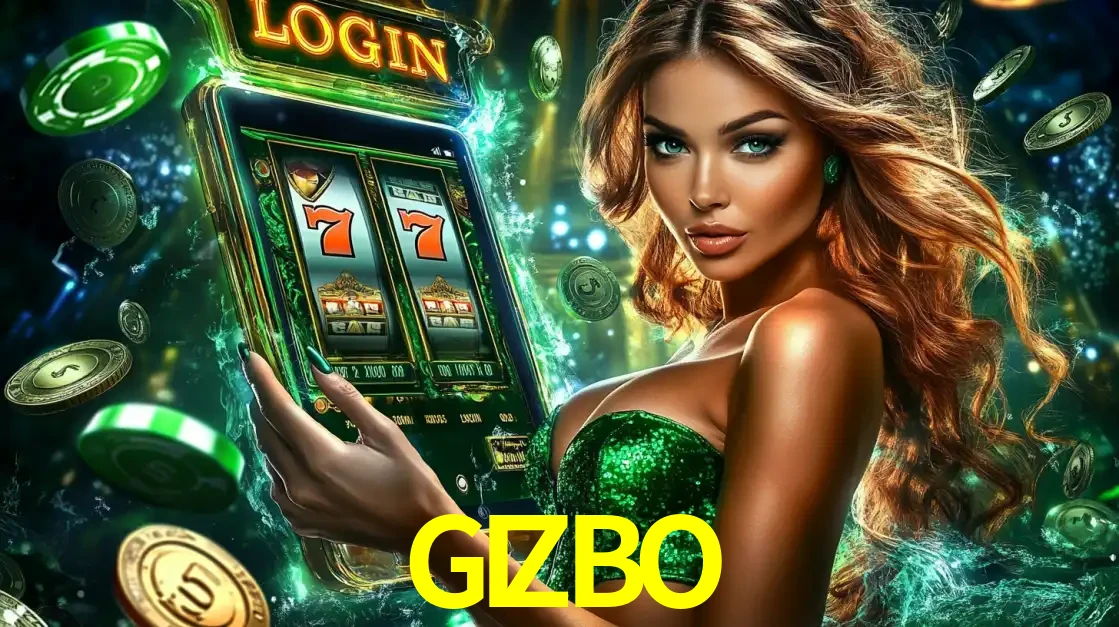 Mulher com tema verde apresentando o aplicativo do cassino GIZBO com um jogo de slot de 777, cercada por fichas de cassino e uma aura de sorte.