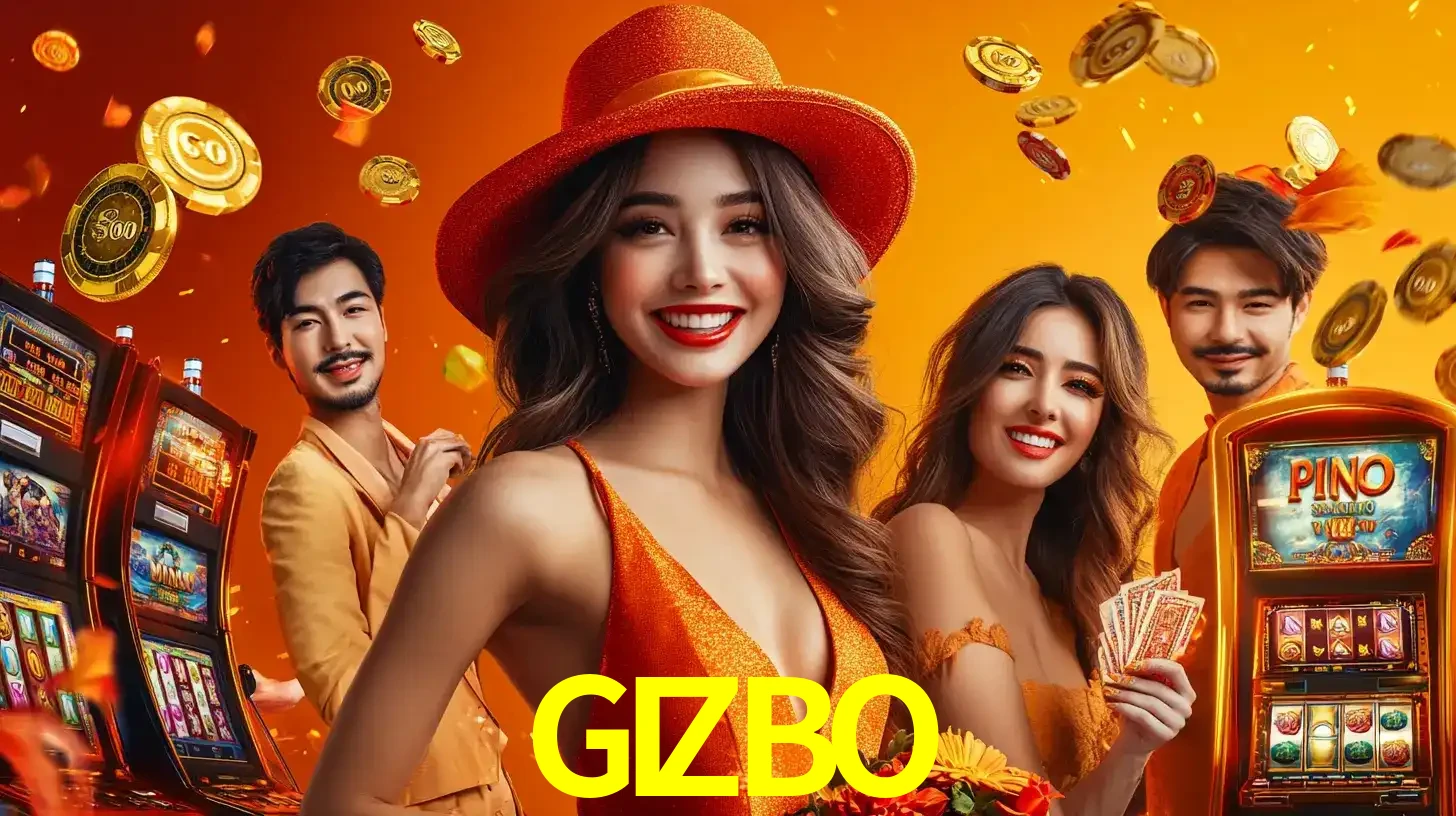 Grupo de amigos asiáticos sorrindo e se divertindo com máquinas de caça-níqueis em um ambiente festivo, celebrando suas vitórias nos jogos de cassino do GIZBO.