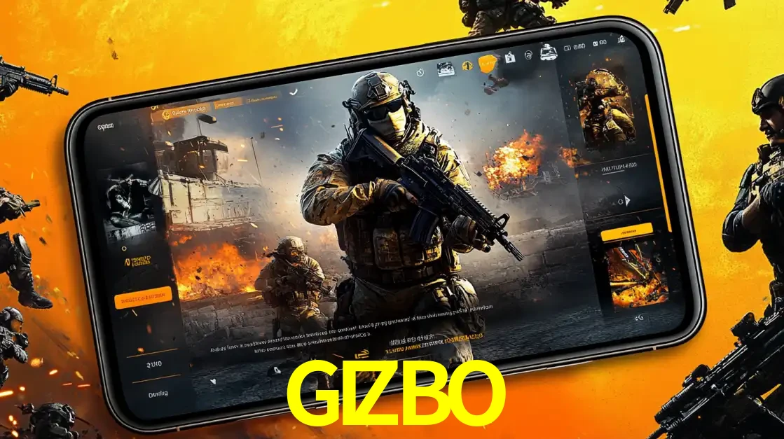 Um smartphone exibindo a interface de um jogo de tiro em primeira pessoa, com um soldado em um cenário de batalha, representando a ação dos e-sports para apostar no GIZBO.