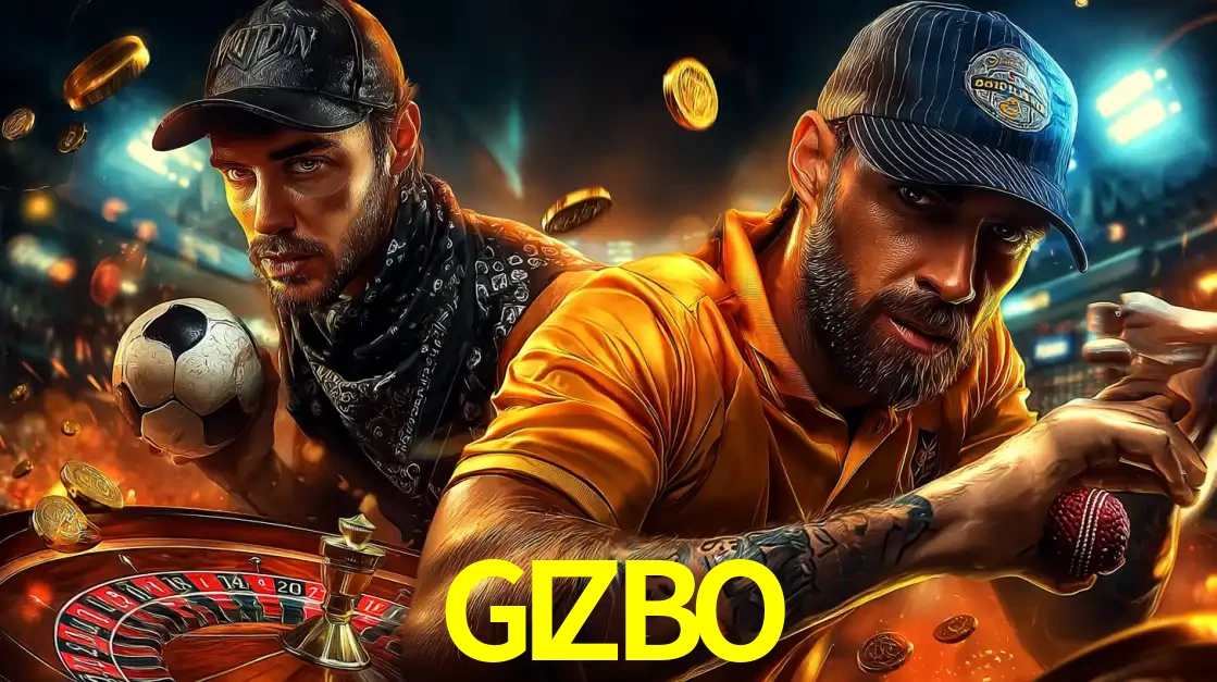 Montagem de apostas esportivas e cassino no GIZBO, com um homem segurando uma bola de futebol e outro uma de beisebol sobre uma roleta e moedas voadoras.