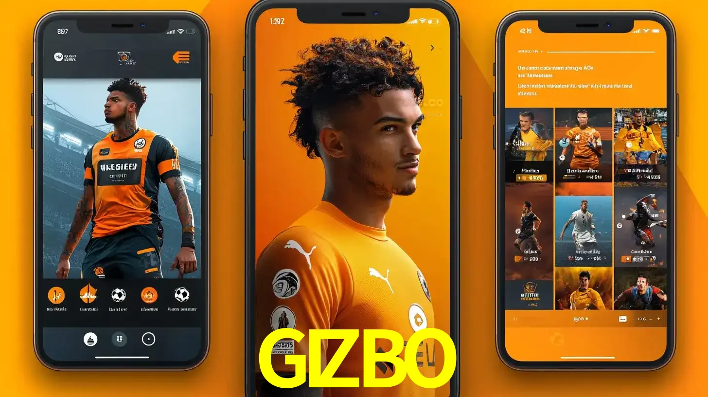 Interface do aplicativo de apostas esportivas GIZBO em três telas de celular, mostrando o perfil de um jogador de futebol e a lista de jogos disponíveis para apostar.