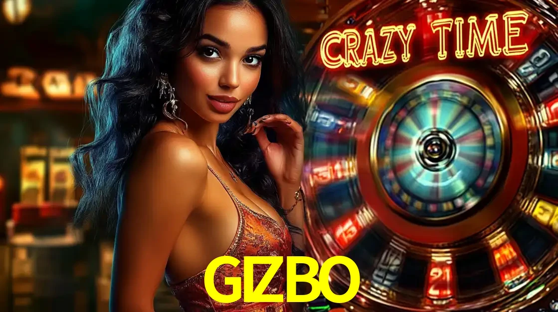 Mulher elegante ao lado da vibrante roda da fortuna do jogo de cassino ao vivo Crazy Time, um dos game shows mais populares e cheios de prêmios do GIZBO.