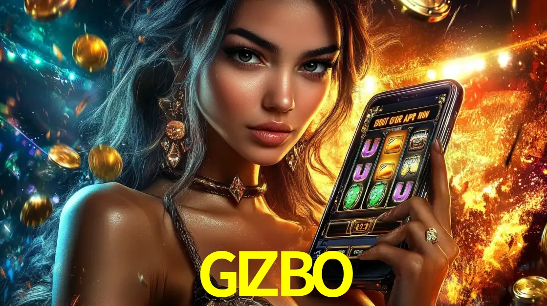 Mulher elegante mostrando um jogo de caça-níqueis em seu smartphone, destacando a experiência de cassino móvel oferecida pelo aplicativo GIZBO.