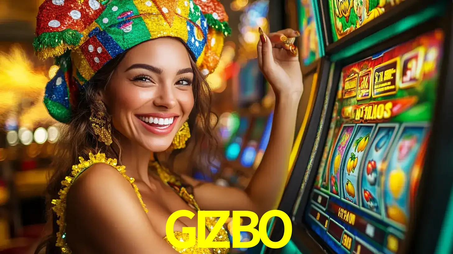 Mulher feliz com traje de carnaval amarelo e colorido ao lado de uma máquina de caça-níqueis, aproveitando a diversão e os jogos temáticos do cassino GIZBO.
