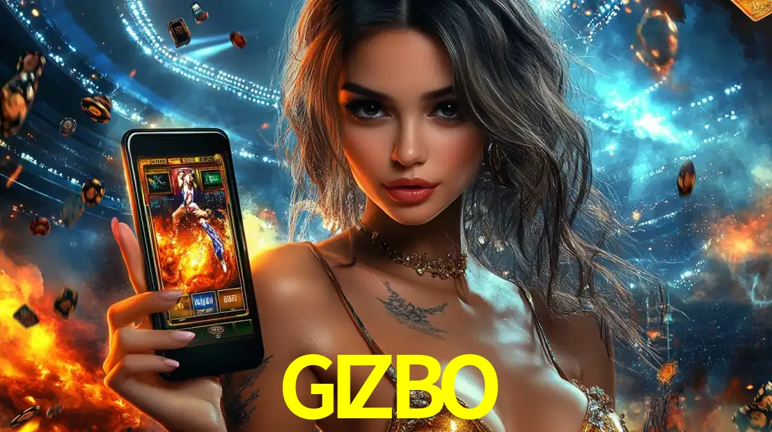 Mulher segurando um celular com um jogo de slot em destaque, tendo como fundo um estádio vibrante, simbolizando a emoção de jogar no cassino móvel GIZBO.