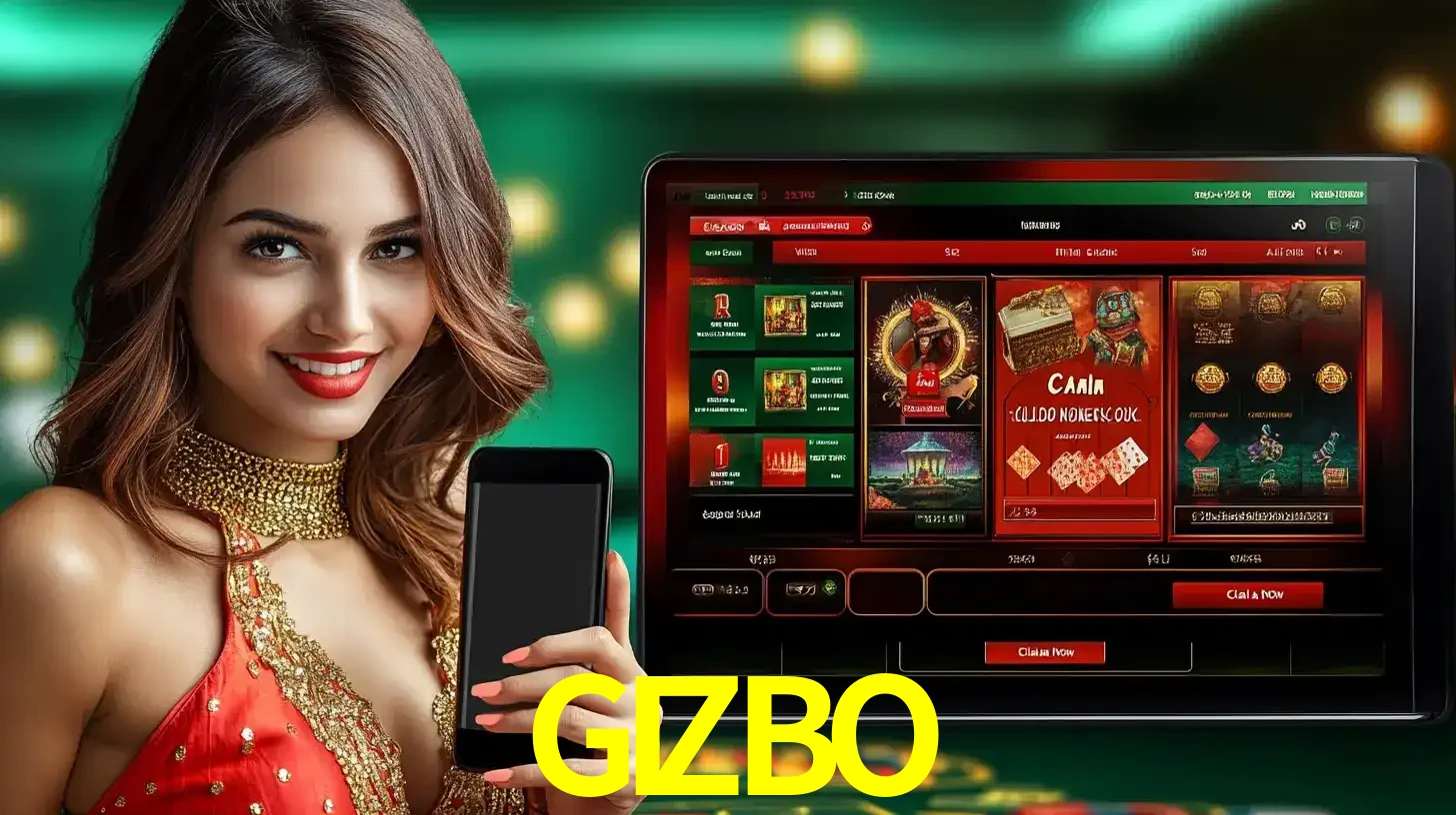 Mulher sorridente segurando um smartphone, ao lado de uma tela exibindo o lobby de jogos do cassino online GIZBO, com várias opções de jogos de cartas e slots.